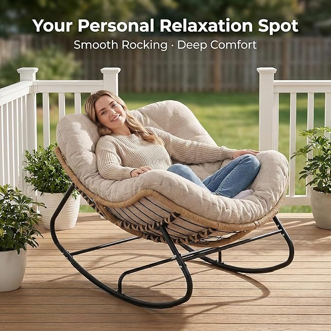 SWITTE Outdoor Rocking Chair, Oversized Patio Papasan Rocker, Comfy Wicker Reading Lounge, Indoor Egg Chair for Bedroom, Living Room, Porch, Garden, Lawn-Cream