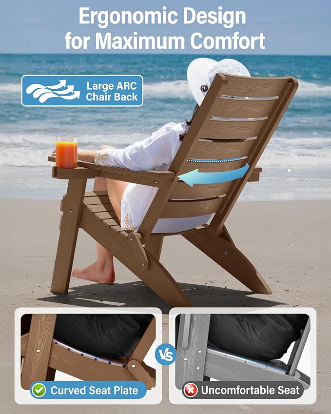 YEFU Adirondack Chair, Folding Adirondack Chairs with Arc Back & Cup Holder, Weather Resistant Plastic Oversized Chair for Outdoor Patio Lawn Garden Backyard Deck Fire Pit, Teak