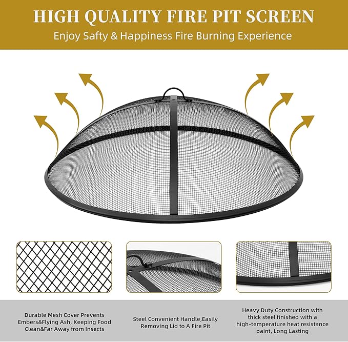 24Inch Round Fire Pit Spark Screen Cover,Outdoor Patio Mesh FirePit Screens,Heavy Duty Steel Domed Fire Pit Ember Guard with Handle