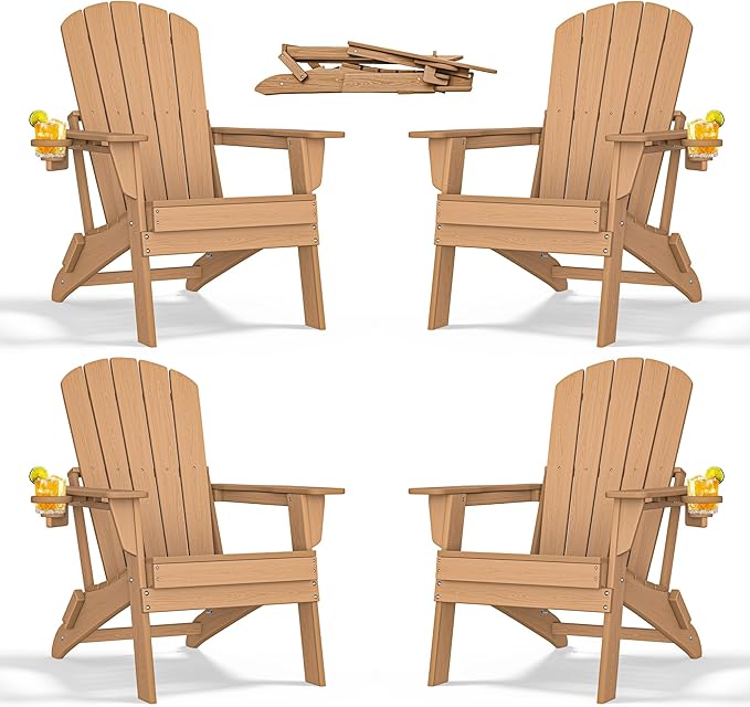 nevilywood Folding Adirondack Chair with Cup Holder Set of 4, HDPE Patio Chairs,All-Weather Outdoor Chairs for Backyard, Deck,Fire Pit-TeakBrown