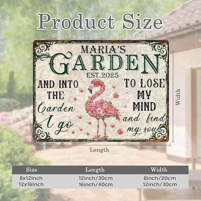 Custom Garden Signs Personalized Metal Tin Sign for Women, Retro Funny Flamingo Metal Sign for Outdoor, Patio, Yard Rustic Home Decor Gift for Mothers Day, Grandmas, and Gardening Lovers