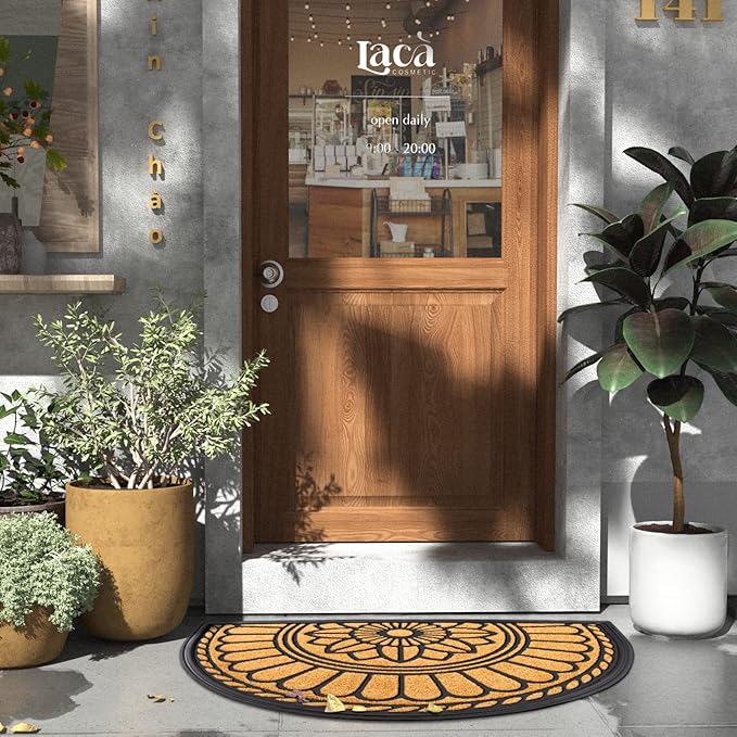 Mibao Half Round Door Mat, Non-Slip Welcome Entrance Way Mat, Durable Rubber Mats, Low-Profile Heavy Duty Doormat, Circle Mats for Garage, Patio, High Traffic Areas, 23.5" x 35.5", Yellow