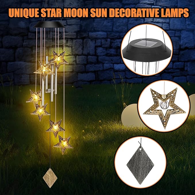 Solar Wind Chimes for Outside Waterproof Hanging Wind Chimes Lights Outdoor Decor Yard Garden Gifts for Mother Mom Grandma Wife Neighbors(Star,Warm Colored Lights)