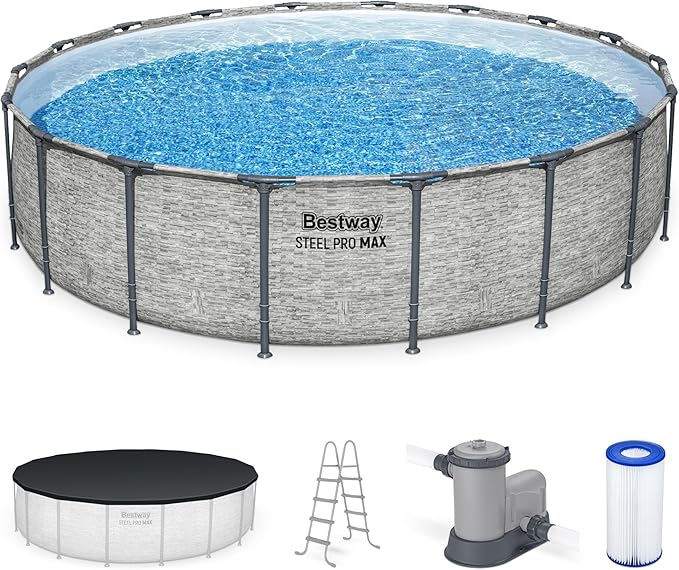 Bestway Steel Pro MAX 18' x 48" Above Ground Pool, Round Metal Frame Outdoor Swimming Pool Set with Filter Pump, Ladder, and Cover, Stack Stone