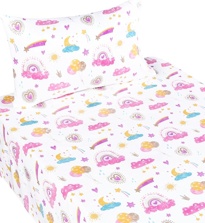 Scientific Sleep Pink Cloud Heart Rainbow Balloon Moon Star Cute Fun 100% Cotton Cozy Twin Bed Sheet Set, Flat Sheet & Fitted Sheet & Pillowcase Natural Bedding Set