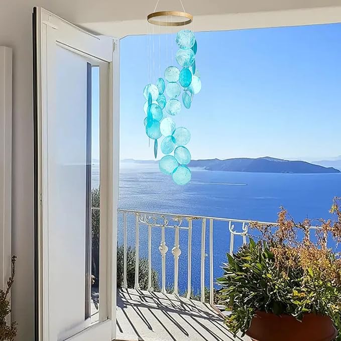 YUFENG Wind Chimes Outdoor Decor, 17'' Ocean Blue Capiz Shell Metal Windchime for Outside Garden Yard Home, Soothing Sound Decorative Wind Bell Memorial Ornament for Christmas Tree Gift