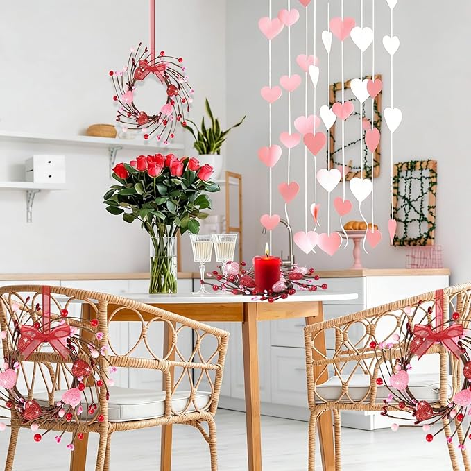 6 PCS Mini Valentine Wreaths for Cabinet Front Door Valentine Wreath Red Pink Glitter Heart and Berry Hanging Valentines Day Wreaths for Window Wedding Birthday Home Wall Porch Decoration