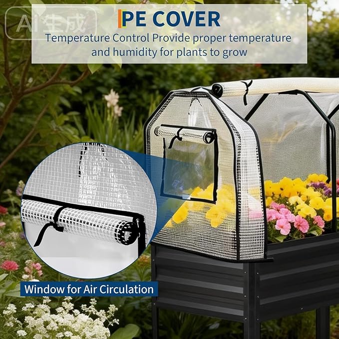 GarveeLife Raised Garden Bed with Legs, Galvanized Metal Elevated Garden Bed with Cover & Built-in Spray Tube, Raised Planter Box for Backyard, Patio, Balcony, 48x24x55 in, Black