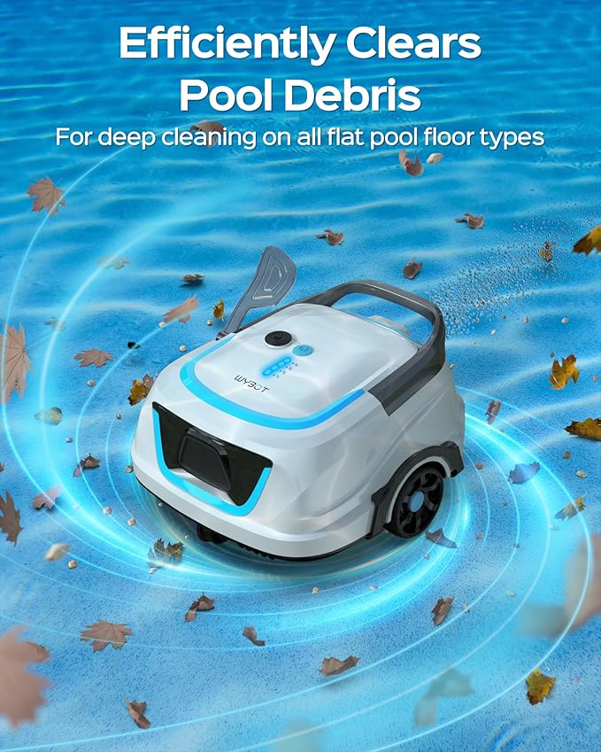WYBOT A1 Cordless Robotic Pool Cleaner, Automatic Pool Vacuum for Above Ground with 120 Mins, Double Filters, LED Indicator, Charge in 2.5 Hours, 4 Cleaning Modes, Ideal for Above Pools (White Blue)