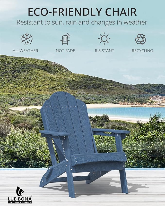 LUE BONA Folding Adirondack Chair, Chairs Set of 8, Cup Holder, Woodgrain, Fire Pit, Patio, Pool, Blue
