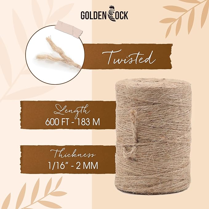 2mm - 164FT Natural Jute Twine Rope String - for Crafts Gardening Plant Accessories Gift Wrapping, Arts Packing Material Christmas Twine Bulk Wedding Decor (600 Ft)