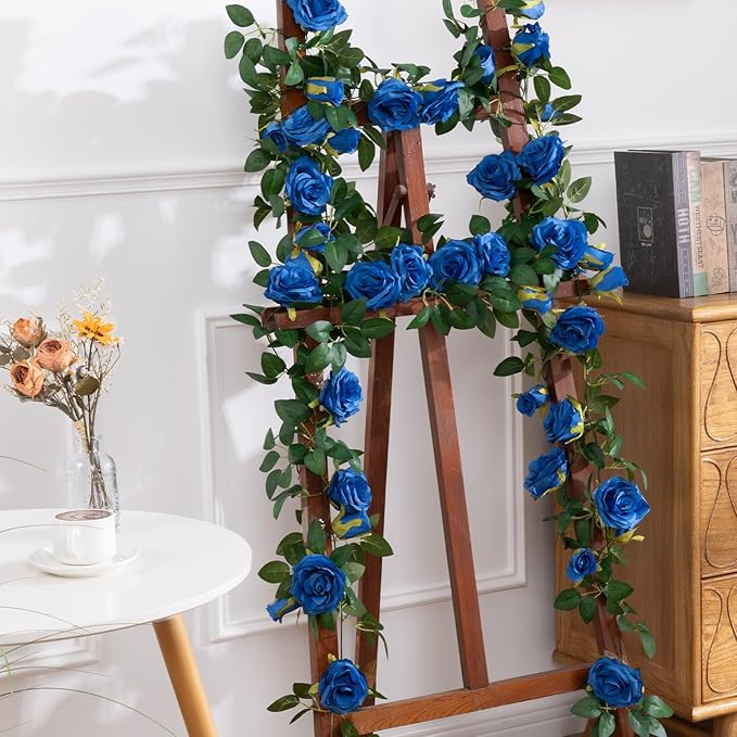 U'Artlines 5 Pack Artificial Royal Blue Rose Vines Floral Garlands Total 32.5 Ft Fake Vine Silk Flower Garland for Indoor Outdoor Home Wedding Arch Garden Wall Decoration