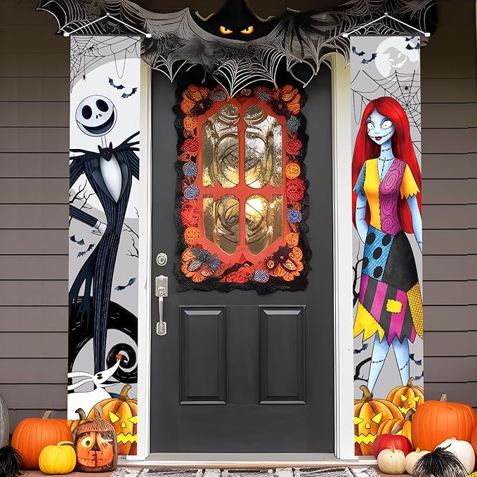 Jack Sally Banners Porch Signs Halloween Decor Christmas Nightmare Hanging Banner Halloween Decorations Outdoor Horror Poster for Indoor Spooky Pumpkin Ghost Door Sign Before Party Banner Wall Art Wallpaper