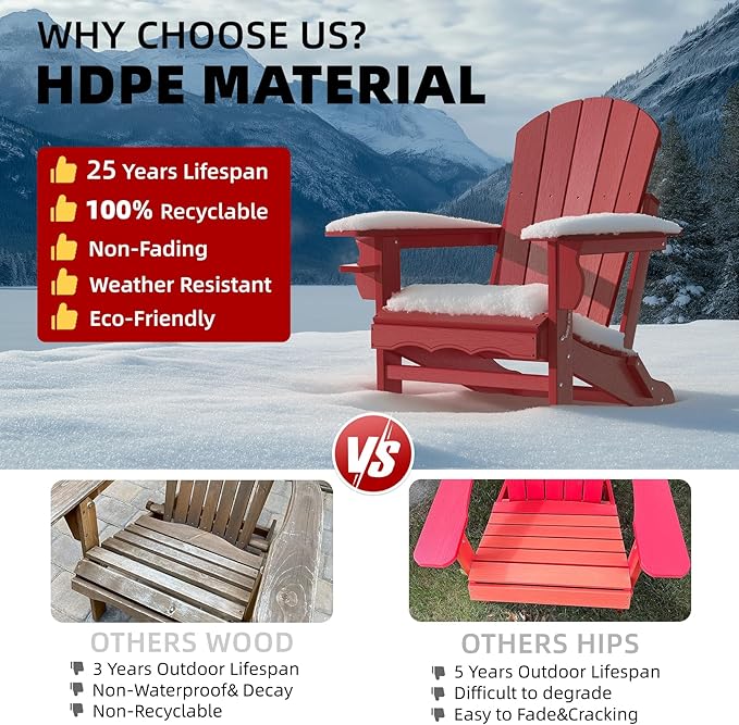 Folding Adirondack Chairs Set of 2, HDPE Fire Pit Chairs Weather Resistant, Outdoor Adirondack Chair with Cup Holder and Umbrella Hole, Wood Texture, Dark Red