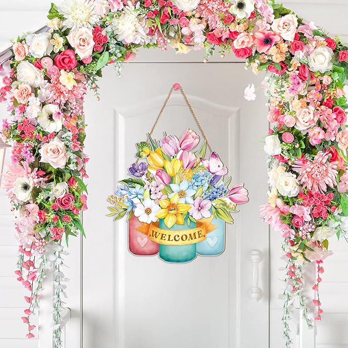 Juexica Spring Door Decor Flower Welcome Sign Spring Wall Hanger for Front Door Decorations Rustic Flower Wall Pediments for Party Outdoor Indoor Decor