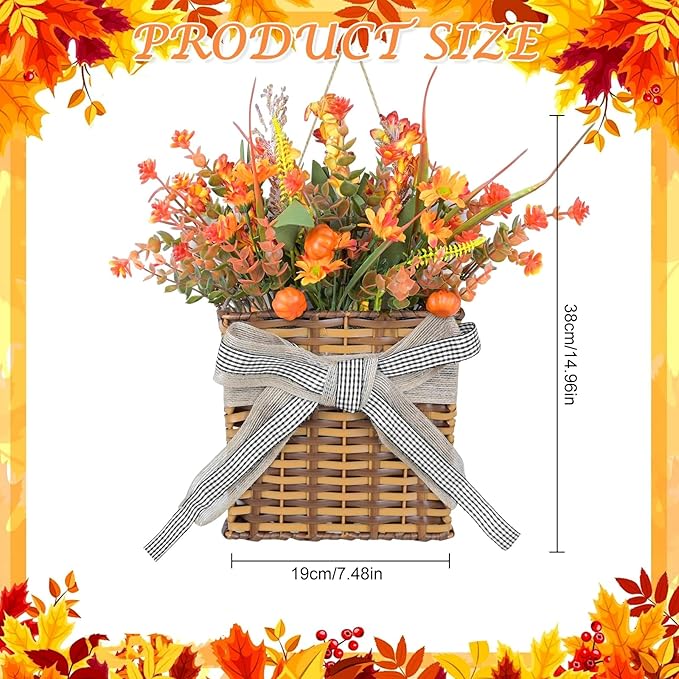 Thanksgiving Fall Door Hanger Basket Wreath Orange Pumpkin Wreath, Artificial Autumn Pumpkin Wreaths with Mixed Leaves Sunflower for Front Door Indoor Outdoor Decor Farmhouse Harvest Orange Wreaths