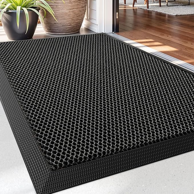 DEXI Front Door Mat Outside Entrance, 17x30 Welcome Entryway Doormat Dirt Trapper, Heavy Duty Non Slip Entry Mats for Patio Garage Porch Home, Dark Grey
