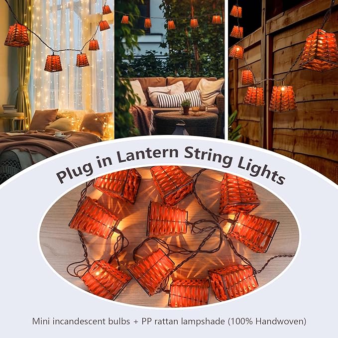 Outdoor-String-Lights-Waterproof, Boho Lantern String Lights for Patio, Garden, Porch, Balcony, Gazebo Decorative (PP Rattan)