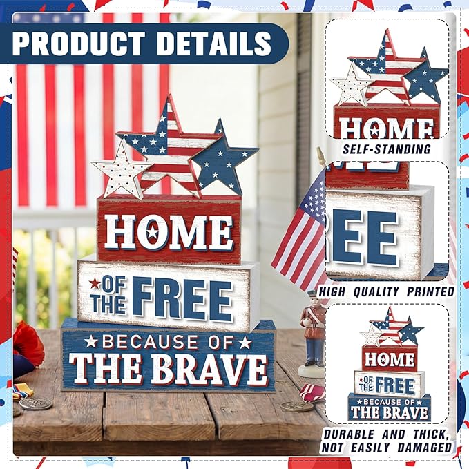 4 Pcs 4th of July Patriotic Table Decor Flag Star Wooden Sign Home of the Free Because of the Brave Block Red White Blue Tiered Tray Decor Rustic Tabletop Centerpiece for Home Desk Shelf Mantel