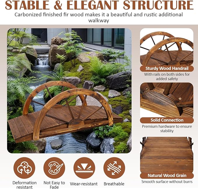 5 FT & 3.3 FT Wooden Garden Bridge, Stained Wood Arc Footbridge with Chain or Half-Wheel Railings for Backyard Pond, Creek, Farmhouse Landscape Decor, Easy Assembly (Brown-3FT)