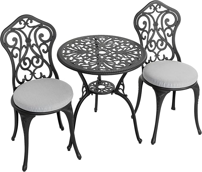 NUU GARDEN 3 Pieces Patio Bistro Set, Outdoor Bistro Set with 2 Chairs, Round Table with Umbrella Hole, Outdoor Bistro Set with Umbrella Hole and Grey Cushions, Black