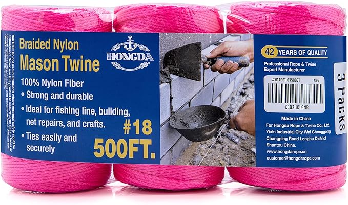 HONGDA Mason Line Set, 500 Feet #18 Braided Nylon Mason line String Perfect for Masonry Jobs and for The Layout of General Construction, Gardening, DIY Project, Fluorescent Pink