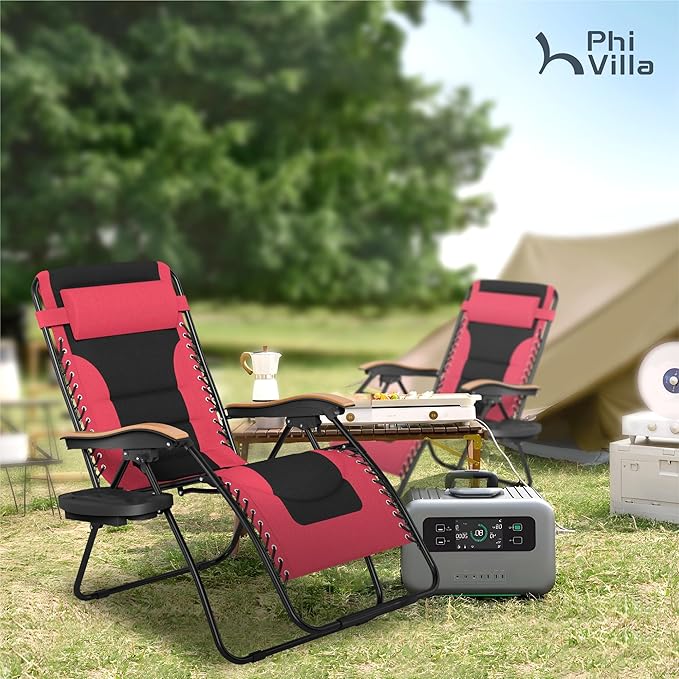 PHI VILLA XXL Oversized Padded Zero Gravity Chair, Foldable Patio Recliner, 30" Wide Seat Anti Gravity Lounger with Cup Holder, Support 400 LBS (Red)