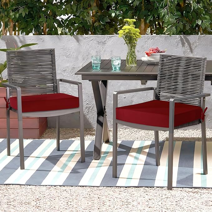 Waterproof Outdoor Chair Cushions Set of 2, Square Outdoor Seat Cushions with Ties and Removable Covers, 22 x 22 Outdoor Cushions for Patio Furniture with Portable Handle(Burgundy)