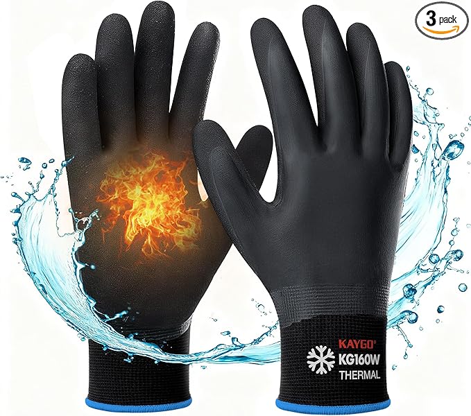KAYGO Winter Waterproof Work Gloves for Men and Women, 3 Pairs Thermal Insulated Freezer Rubber Coated Gloves,Super Grip,KG160, M, Black