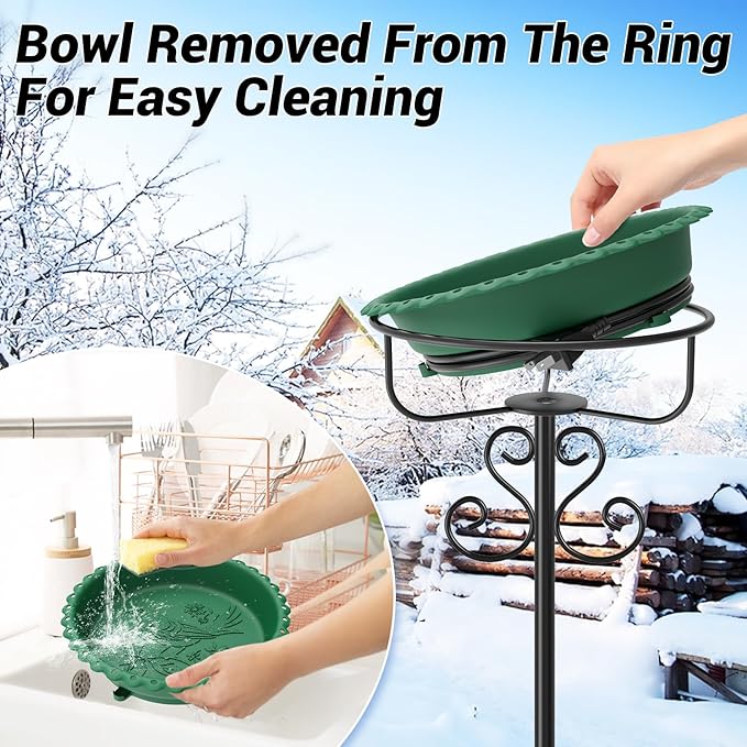 Heated Bird Baths for Outdoors,Upgraded 100W Thermostat Control Heated BirdBaths for Winter with Metal 5 Prong Base Heated Bird Bath for Outside Winter Garden Yard Patio Lawn (Green)