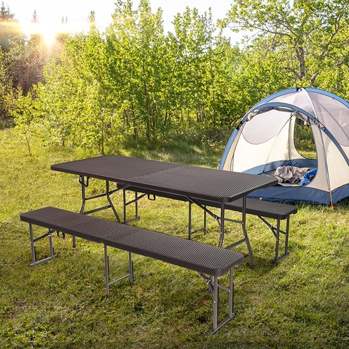 VINGLI Picnic Table Set with 2 Benches, 6 Feet Camping Table Chair Set, 3-Piece Folding Furniture for Indoor or Outdoor Use, Rattan Patterned Tabletop, Brown