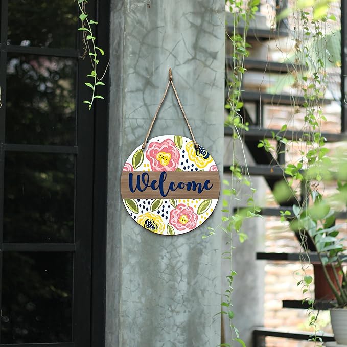 Spring Hanging Decor For Front Door, Colorful Floral Welcome Spring Round Sign Decor For Farmhouse Home Yard Porch, Hello Spring Decorations, Spring Wall Plaque Gifts For Friends Family -07