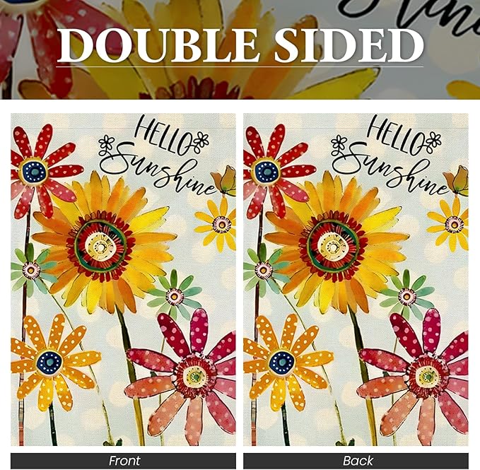 Spring Flowers House Flags for Outdoor, Hello Sunshine Sunflower Daisy Yard Flags for Outside,Summer Seasonal Decorative Flag for Farmhouse Holiday Decoration 28x40 Inch Double Sided