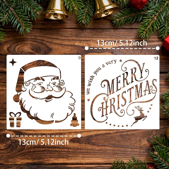 12Pc Christmas Stencils for Painting On Wood, Christmas Stencils for Crafts Reusable, Xmas Decorations Drawing DIY Art Craft Home Decor Wall, Windows, Deer Snowflakes Pinecones Decor(Christmas A)