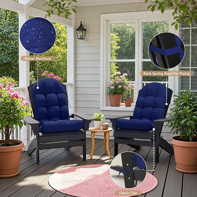 Adirondack Chair Cushion Set of 2, Rocking Chair Cushions, High Back Patio Cushions, Thickened Weather Resistant Patio Cushion with 6 Ties, Non Slip Fade & Waterproof