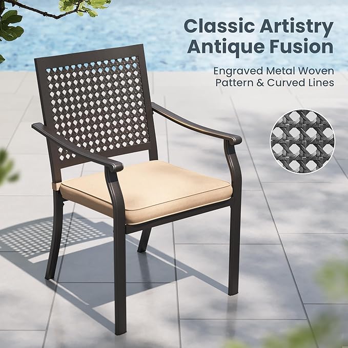 PHI VILLA 7 Pieces Outdoor Dining Set for 6, 60" Long Rectangular Iron Table & Stackable Metal Chairs with Cushions, Large Furniture Set for Patio, Porch, Yard, Deck