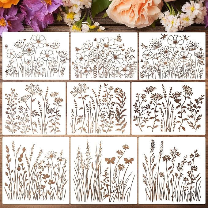 Large Flower Stencils for Painting on Walls Fence Wildflower Stencils Reusable Floral Stencil for Crafts Canvas Fabrics Furniture Outdoors
