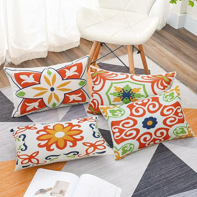 Pyonic Outdoor Waterproof Throw Pillow Covers for Patio Furniture Decorative Boho Pillow Covers 12x20 Floral Printed for Patio Tent Couch Garden Set of 4,Orange