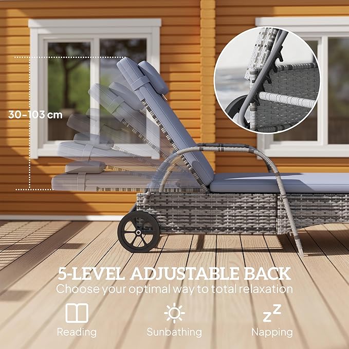 Outsunny Wicker Outdoor Chaise Lounge Chair Set of 3 with Side Table, 5-Level Adjustable Backrest PE Rattan Pool Lounge Chair with Wheels, Cushion & Headrest, Mixed Gray and Gray