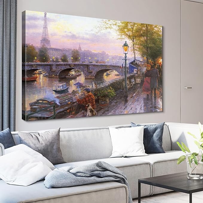STUDIO HAVEN Thomas Kinkade Canvas Wall Art, Paris Riverbank Eiffel Tower Painter Dog Art Stall Seine River at Dusk Oil Painting Poster Cityscape Wall Decor, Framed Prints for Home Decor, 16x12Inch