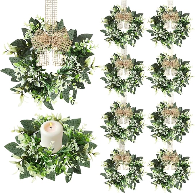 8 PCS Small Eucalyptus Leaves Cabinet Wreath Artificial Mini Spring Summer Greenery Kitchen Wreaths Vintage Swags Wreath with Retro Burlap Ribbon for Farmhouse Rustic Home Door Wedding Wall Decor