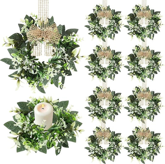 8 PCS Small Eucalyptus Leaves Cabinet Wreath Artificial Mini Spring Summer Greenery Kitchen Wreaths Vintage Swags Wreath with Retro Burlap Ribbon for Farmhouse Rustic Home Door Wedding Wall Decor