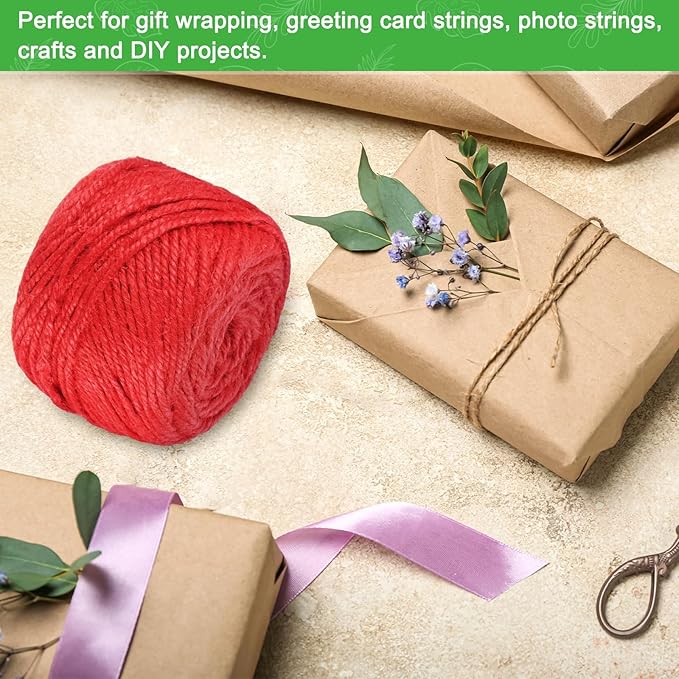 1-Pack Natural Jute Twine String, 3mm x 328ft/100m Long Garden Twine Balls for Crafts/Gift Wrapping/Gardening Plants, Durable Plant Ties Thick Rope [Red]