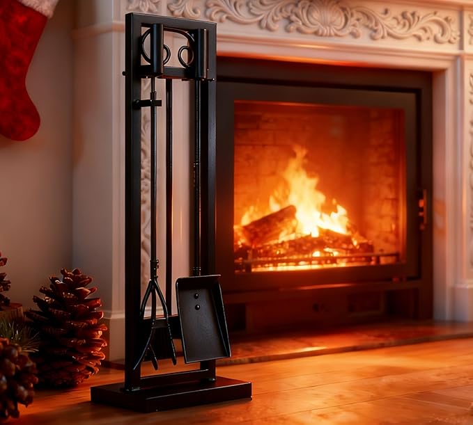Kingson 5-Piece Fireplace Tool Set – 30.5" Black Scroll Design Heavy Duty Fireplace Accessories for Indoor & Outdoor Wood-Burning Fireplaces, Fire Pit Tools