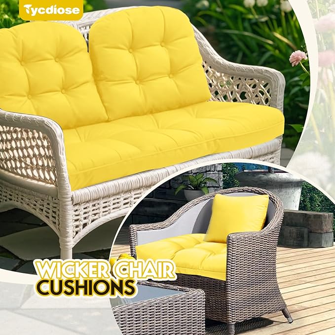 All Weather 3 Pieces Wicker Chair Cushions, Waterproof Outdoor Wicker Chair Cushion for Patio Furniture Loveseat Settee Bench, 1 Loveseat and 2 U-Shaped Thickened Cushions, Yellow