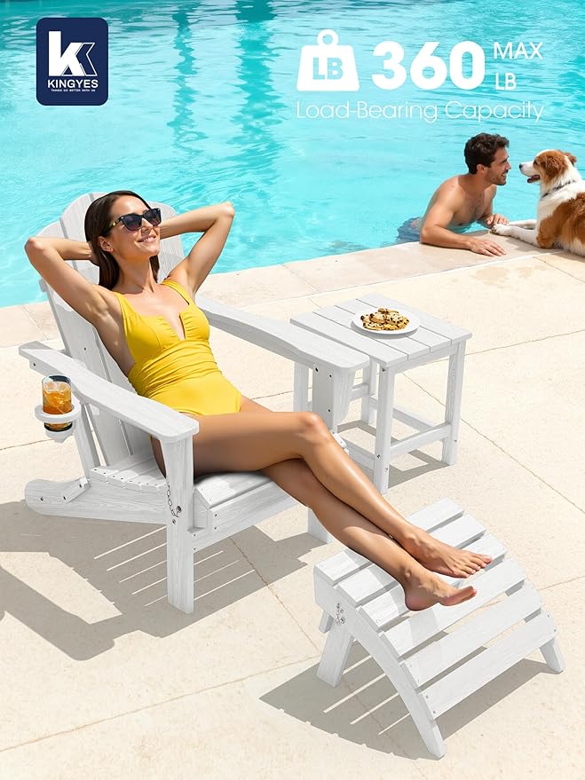 KINGYES Folding Adirondack Chair Set of 4, HDPE All-Weather Patio Chairs with Cup Holder, Wooden Textured Fire Pit Chairs for Poolside, Backyard, Deck, White