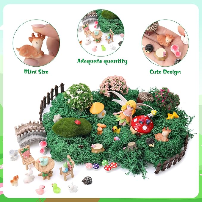 54 Pcs Fairy Garden Accessories, Mini Resin Animals Figures, Miniature Table and Chairs, Bridge, Fence, Fairy House Kit with 50g Artificial Moss for DIY Craft Landscape Bonsai Glass Container
