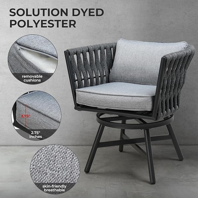 Grand patio Swivel Rope Wicker Chairs Set of 2, Patio Dining Chairs with Cushions, Wicker Armchairs Frame, Outdoor Modern Style for Backyard, Balcony, Quinn, Dark Grey