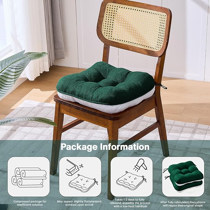 BETU Chair Cushions for Dining Chairs Set of 4,3.5" Thick Kitchen Table Chair Pads with Ties,Non Slip Backing and Covers, Seat Cushion for Dining Room,Bar,Patio Chairs,16"X16"X3.5",Dark Green