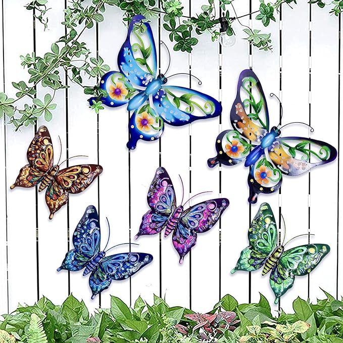 SUNREEK 6Pcs Metal Butterfly Wall Decor, 14Inch/7Inch Outdoor Butterfly Wall Art for Fence Garden Yard Room Patio Balcony Decorations